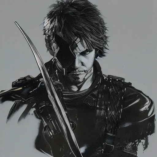 Image similar to portrait of a hero holding his sword in front of his face by yoji shinkawa, high quality, extra details, realism