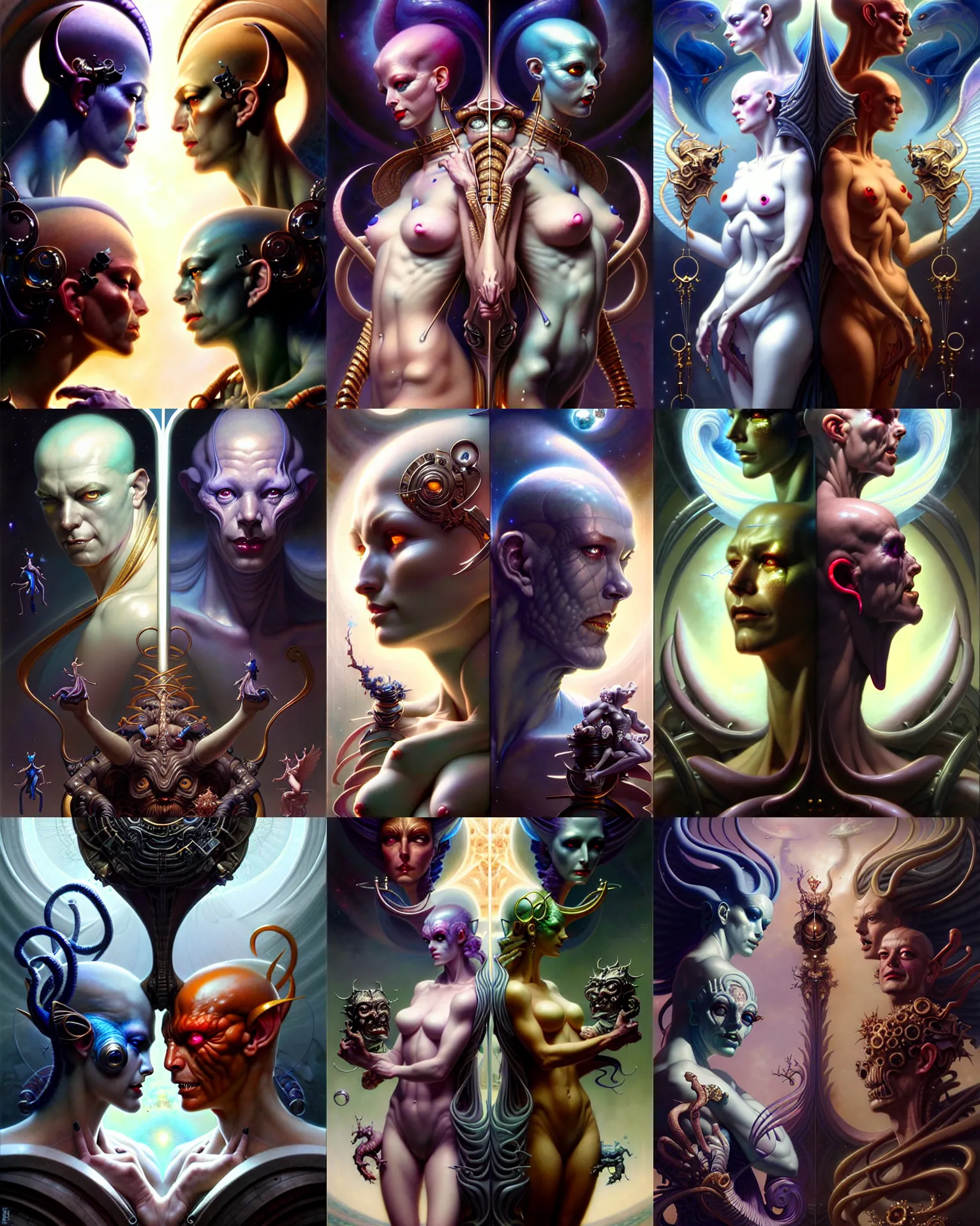 Image similar to beautiful gemini good and evil, happy and sad faces, fantasy character portrait, ultra realistic, wide angle, intricate details, the fifth element artifacts, highly detailed by peter mohrbacher, boris vallejo, hajime sorayama, wayne barlowe, aaron horkey, gaston bussiere, craig mullins