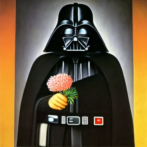 Prompt: portrait of darth vader smelling a flower, painting by rene magritte, high detail, high resolution