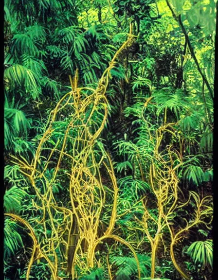 Image similar to vintage color photo of a masive 1 1 0 million years old abstract sculpture made of light beams and liquid gold covered by the jungle vines