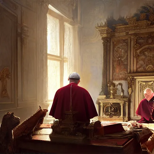 Image similar to the pope is in the papal bedroom, scared because a horned demon is attacking him. highly detailed painting by gaston bussiere, greg rutkowski, craig mullins 8 k