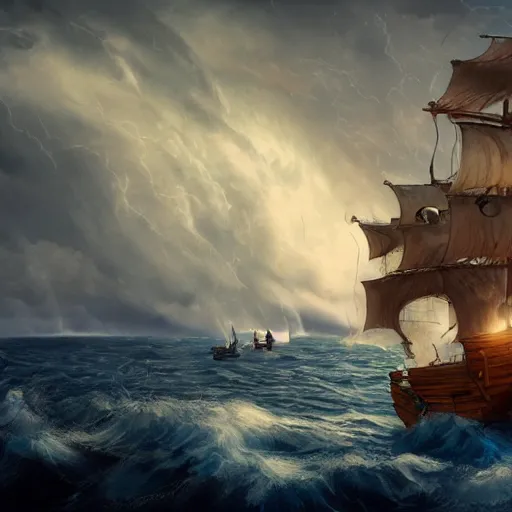 Prompt: pirate people at sea, big storm with lightnings and tornado, trending on artstation