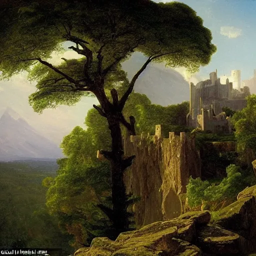 Prompt: A large, sprawling stone castle carved out of the side of a mountain, overlooking a distant magical tree in the meadow, by Thomas Cole and Albert Bierstadt