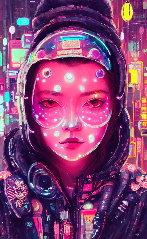 Prompt: detailed portrait petite brunette woman with small eyes and thick lip Neon Operator girl, cyberpunk futuristic neon, reflective puffy coat, decorated with traditional Japanese ornaments by Ismail inceoglu dragan bibin hans thoma !dream detailed portrait Neon Operator Girl, cyberpunk futuristic neon, reflective puffy coat, decorated with traditional Japanese ornaments by Ismail inceoglu dragan bibin hans thoma greg rutkowski Alexandros Pyromallis Nekro Rene Maritte Illustrated, Perfect face, fine details, realistic shaded, fine-face, pretty face