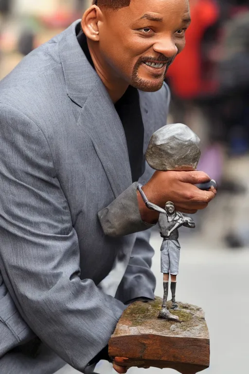 Prompt: a funny a promotional picture of Will Smith smithing a small sculpture of Will Smith on an anvil