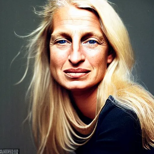 Prompt: portrait photograph by annie leibovitz of olive skinned blonde female in her thirties wearing designer clothes