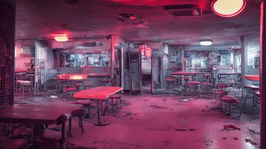 Image similar to the inside of an abandoned 5 0's diner at night, by lee madgwick and bastien lecouffe - deharme, pink and orange neon lights, highly detailed interior, artstation trending, cryenging 8 k uhd