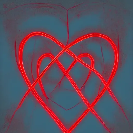 Image similar to a glowing simple red heart bound by strings in the darkness, digital art, painting