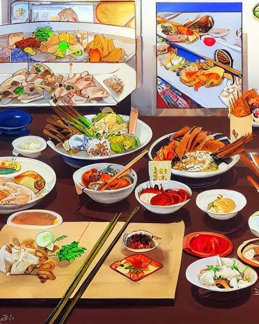 Image similar to a painting of a table full of japanese foods, concept art by taro yamamoto, pixiv contest winner, auto - destructive art, official art, concept art, pixiv