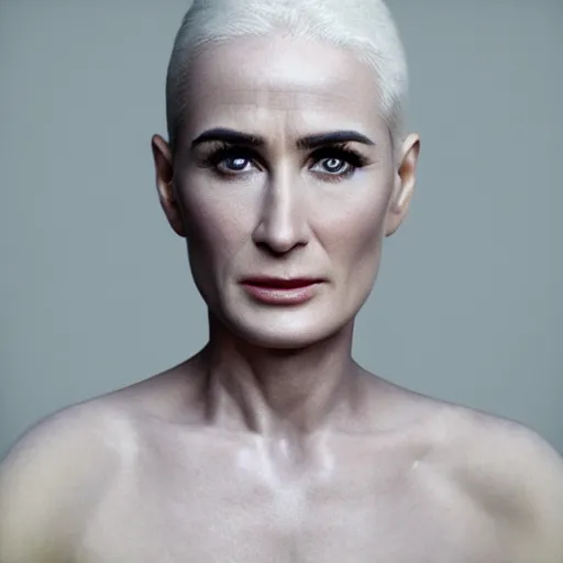 Prompt: realistic expired fuji film portrait of white albino demi moore, hyperrealism, photorealistic, detailed, atmospheric, 8 k, award winning photography, cinematic