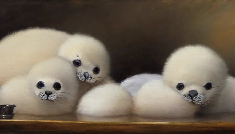 Prompt: highly detailed painting of cute furry white baby seals cuddling up in a big pile of whippy ice cream by william turner, thick brush strokes and visible paint layers, 4 k resolution