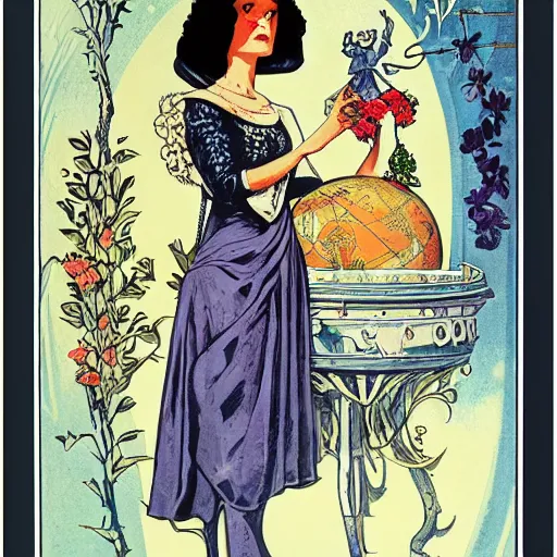 Image similar to a royal portrait of a cyborg woman. she holds a globe in one hand and flowers in the other. illustrated by burton rice. black orchid movie poster. 1 9 1 2.