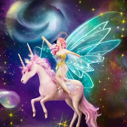 Prompt: photo of a fairy riding a unicorn, highly detailed