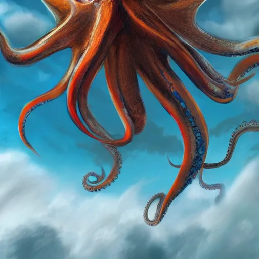 Image similar to flying octopus among clouds fantasy illustration, trending on artstation, deviantart, very realistic, 4k