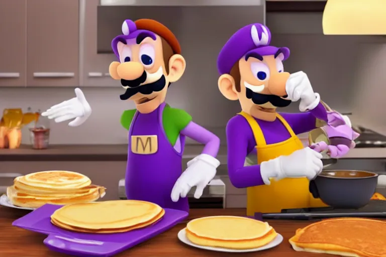 Image similar to a real waluigi baking pancakes
