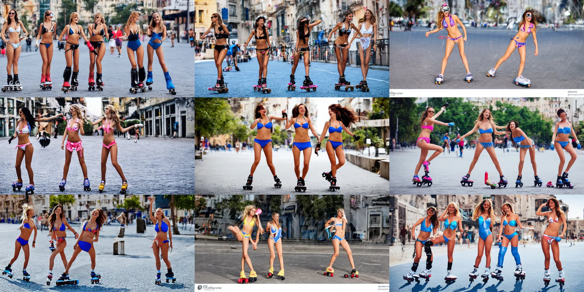 Prompt: lovely bikini models rollerblading on the streets and having fun, smile, lips, sharp blue eyes, advertisement