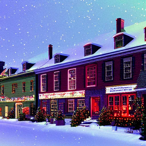 Image similar to christmas in a new england town physically based render, night backlit, 1 9 6 0 s