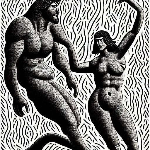 Prompt: adam and eve bigger than godzilla, apotheon art style, smooth painting, each individual seeds have ultra high detailed, 4 k, illustration, torn cosmo magazine style, pop art style, ultra realistic, underrated, by mike swiderek, jorge lacera, ben lo, tyler west