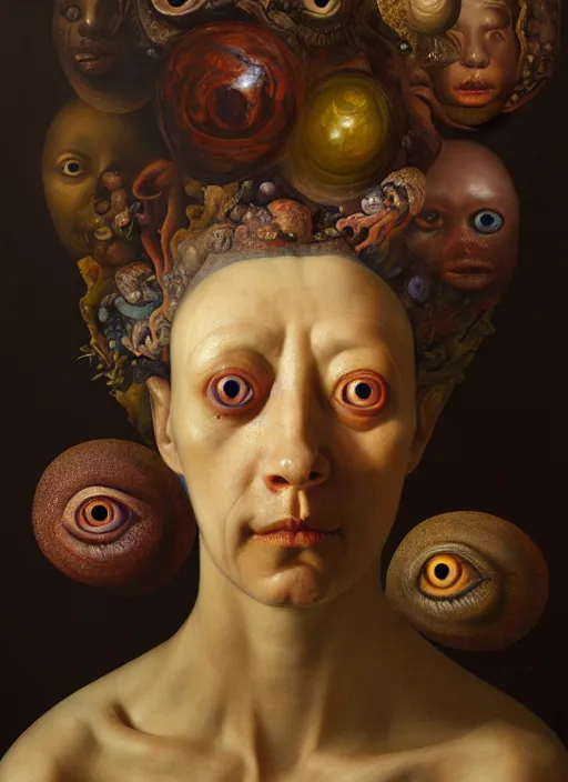 Prompt: strange, looming head, biomorphic painting of a woman with large eyes, deep rich colours by, rachel ruysch, and charlie immer, highly detailed, emotionally evoking, head in focus, volumetric lighting, oil painting, timeless disturbing masterpiece