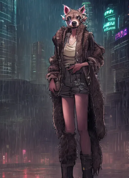 Image similar to character portrait of a female anthro hyena fursona with a cute beautiful attractive furry face and long black curly hair wearing jedi robes in a cyberpunk city at night while it rains. hidari, color page, tankoban, 4K, tone mapping, Akihiko Yoshida.