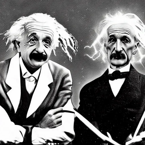 Image similar to Albert Einstein and Nikola Tesla fighting, pixar movie