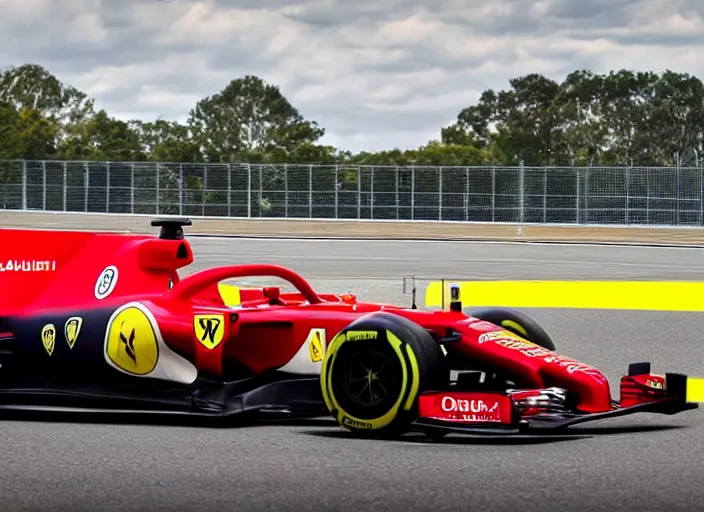 Prompt: live action photo of the 2 0 2 1 f 1 ferrari car, with clown make up livery, 8 k, hdr, sports photography