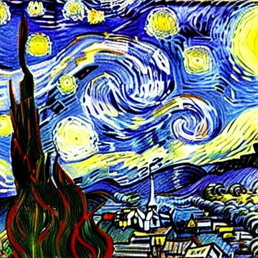 Image similar to painting of a starry night sky with homer simpson in a village, art by vincent van gogh