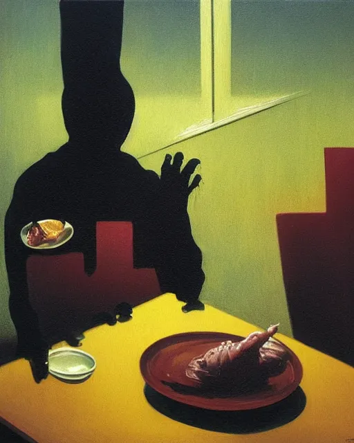 Image similar to a dark figure eating breakfast in a diner, high angle. oil on canvas. in the style of Francis Bacon and Zdzislaw Beksinski, Edward Hopper and Norman Rockwell, highly detailed, very coherent, triadic color scheme, Victo Ngai and surrealism, airbrush, very coherent, triadic color scheme, art by Takato Yamamoto and James Jean