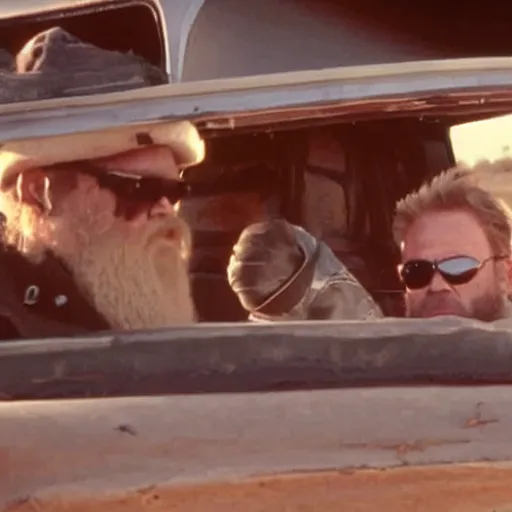 Image similar to ZZ Top sitting in back of a pickup truck bed in Mad Max Road Warrior, interior, screenshot, cinematic Eastman 5384 film