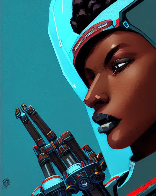 Image similar to sojourn from overwatch, african canadian, gray dread locks, teal silver red, teal cyber eyes, character portrait, portrait, close up, concept art, intricate details, highly detailed, vintage sci - fi poster, retro future, vintage sci - fi art, in the style of chris foss, rodger dean, moebius, michael whelan, and gustave dore