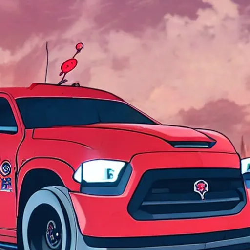 Prompt: zero two from darling in the franxx driving a dodge ram