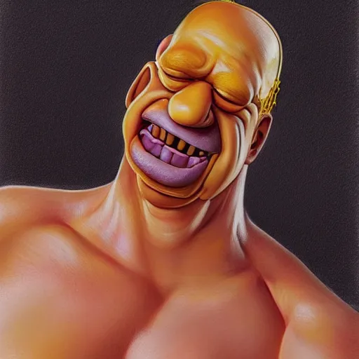 Image similar to beautiful realistic portrait of homer simpson, yellow skin by artgerm