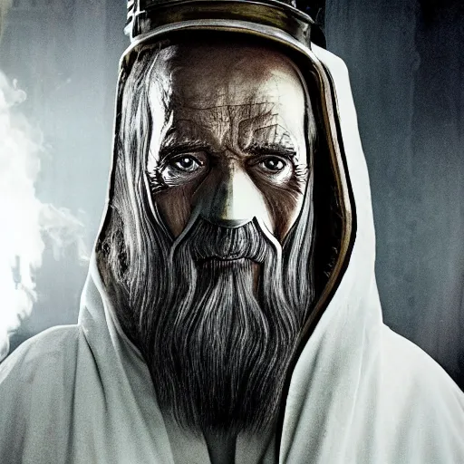 Image similar to Saruman wearing 3M gas mask on top of his head like Walter White