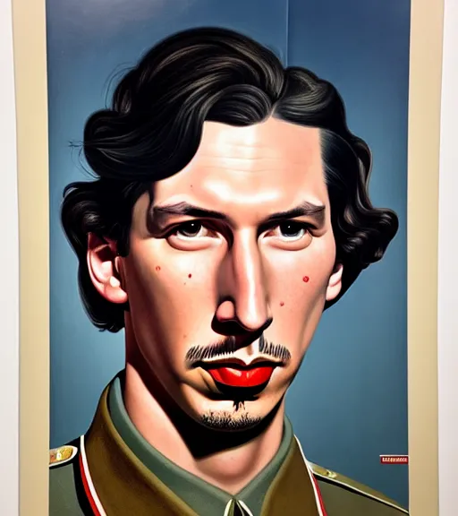 Prompt: a wwii propaganda portrait of adam driver by jon whitcomb and albrecht anker and sydney prior hall, hyperrealism, highly detailed