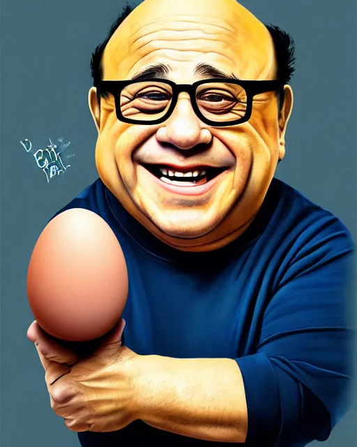 Image similar to painting portrait of danny devito as an egg, cartoon, warm lighting, danny devito has an egg body, movie poster, illustration by bartek fedyczak, erak note, tooth wu, neil richards, kan liu, siwoo kim, jisu choe, trending on art station