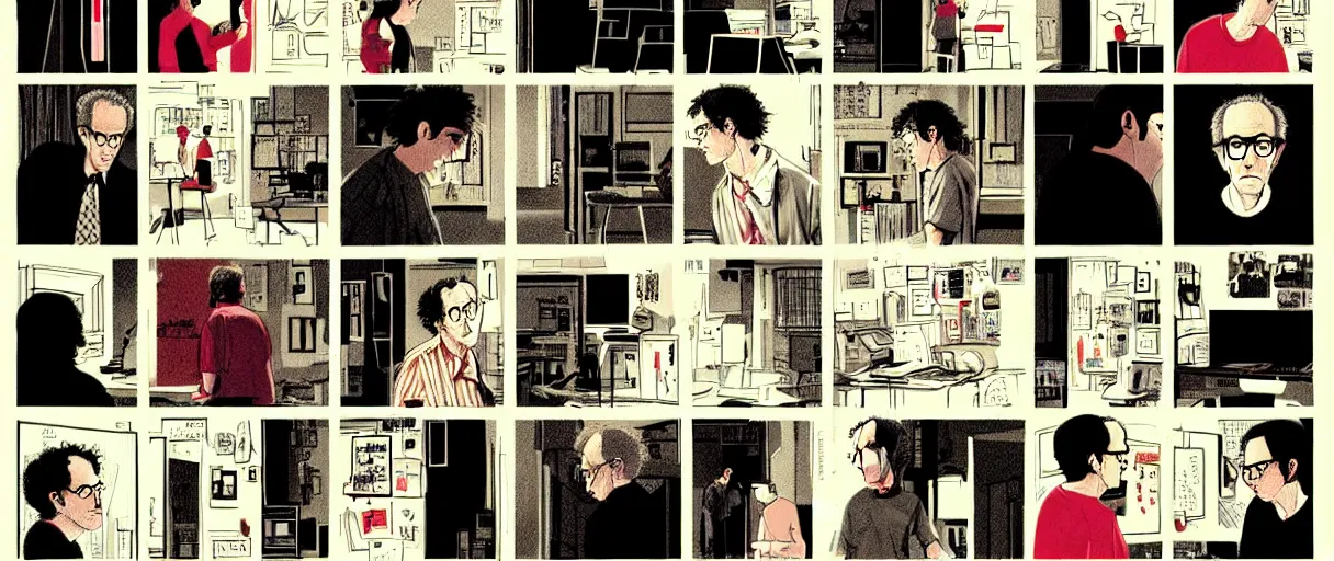 Image similar to character study of todd solondz mixed with charlie kaufman and woody allen | vivid colors : storyboard, dramatic and emotional, concept design, realistic. by gabriel hardman, joe alves, j. todd anderson, chris bonura. cinematic atmosphere, detailed and intricate, perfect anatomy