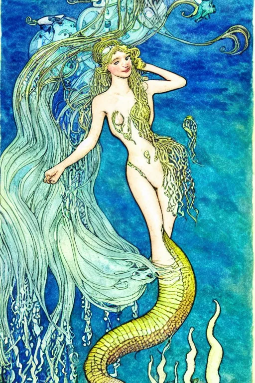 Image similar to mermaid with two eel tails underwater, fantasy art, trending on artstation, little mermaid fairytale, art by hans zatzka and walter crane and kay nielsen, watercolor illustration,