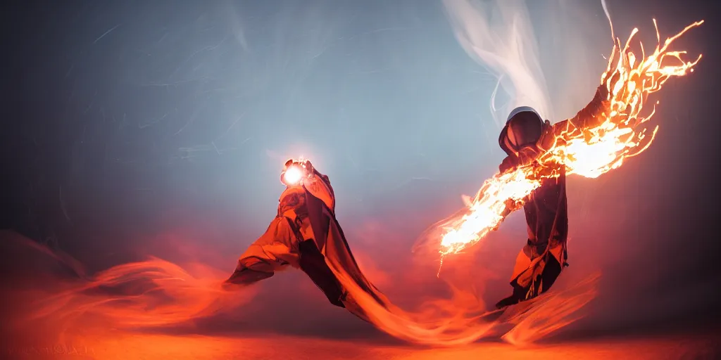 Image similar to fisheye slow motion with trail fire effect of futuristic break dancer wearing long dark cloak and golden helmet emitting fire, long exposure shot , enigmatic, at night in the middle of the arctic with red light A letter, paddle of water, steam, fog, water splashes, rim lights, glossy reflections, water droplets on lens, octane render, Volumetric dynamic lighting, stunning cover magazine, high details, hajime sorayama