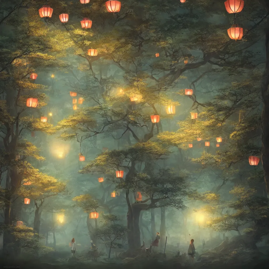 Image similar to Japanese forest at night, lanterns, highly detailed, dreamlike!, digital painting, volumetric lighting, digital art, 8K photography, matte vivid colors, perspective, octane render, breathtaking, by Maximilian DegenPro of Artstation, Hayao Miyazaki Studio Ghibli!! style