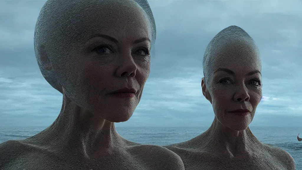 Image similar to photo of Helen McCrory coming out of the ocean, extreme detailed face, spaceship flying on the background, film still from the movie directed by Denis Villeneuve with art direction by Zdzisław Beksiński, wide lens