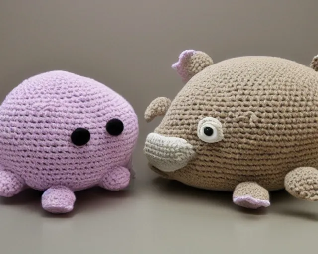 Image similar to crocheted blobfish, deep sea fish made of yarn, overstuffed with cotton stuffing, squishy, soft, plush, comfy, comfortable, comforting, soothing, sweet, tender, gentle, kind