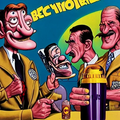 Prompt: promotional art for the movie'unless you hate bullruns ', barry chuckle preparing a batch of purple oil drink, hyperreal detailed facial features and uv lighting, art by ed roth and basil wolverton