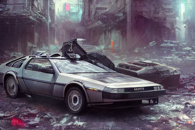 Image similar to photograph of the delorean driving down the streets of a cyberpunk abandoned city, by greg rutkowski, by stanley artgerm, by alphonse mucha