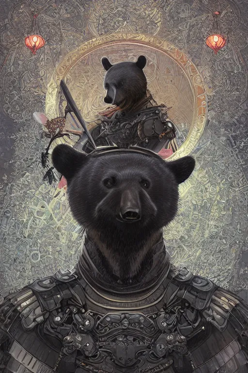 Image similar to ultra realistic illustration, anthropomorphic samurai asian black bear with armor made of stars, sci - fi, fantasy, intricate, elegant, highly detailed, digital painting, artstation, concept art, smooth, sharp focus, illustration, art by artgerm and alphonse mucha