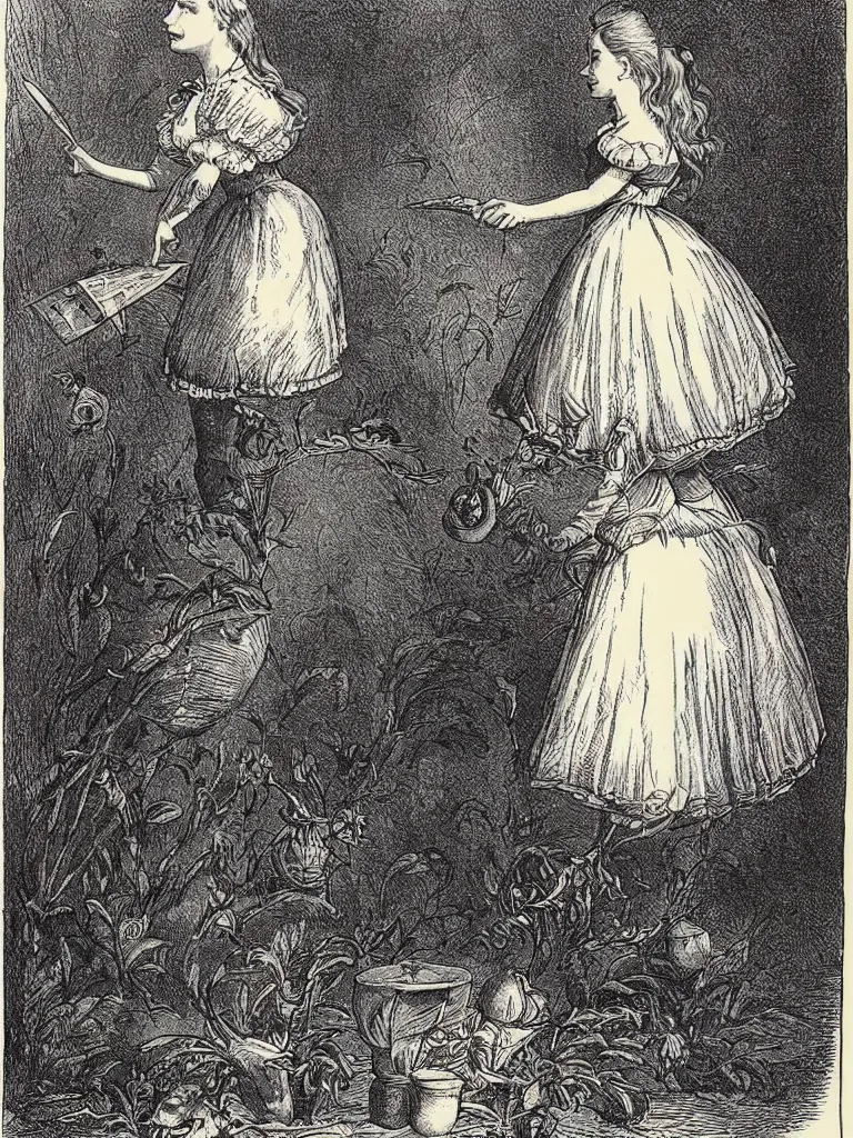 Image similar to Tenniel illustration portrait of Alice, walking in wonderland