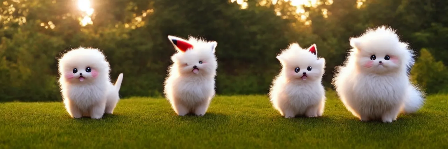 Image similar to real life pokemons, cute!!!, content!!!, mischievous!!!, adorable!!!, little furballs, fluffy!!!, ultra realistic!!!, golden hour, sharp focus