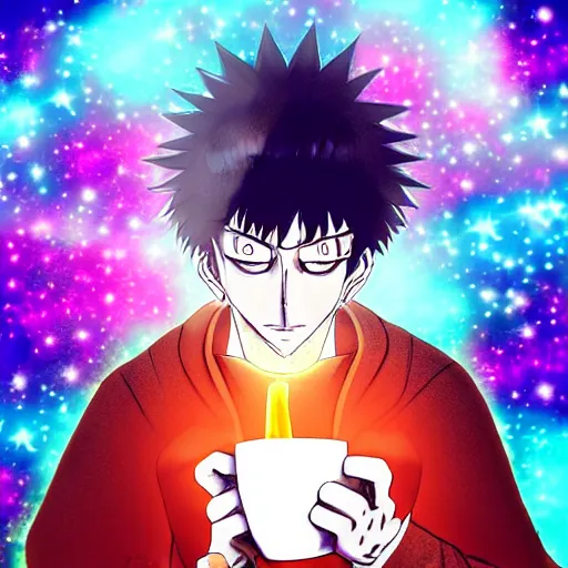 Prompt: A man drinking a cup of cosmic energy bright light by Hideaki Sorachi, 4k, digital art, surreal, anime style,