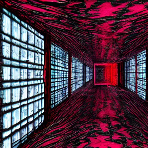 Prompt: dark matter red art house future schizophrenia limbo hipper mirror room stratification of consciousness full HD 8K resolution