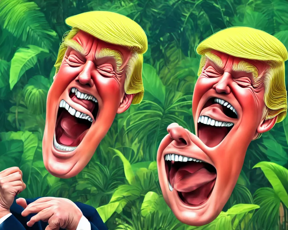 Image similar to trump laughing uncontrollably, romantic, enchanting, achingly beautiful, graphic print, trending on artstation, jungle, tropical, foliage.