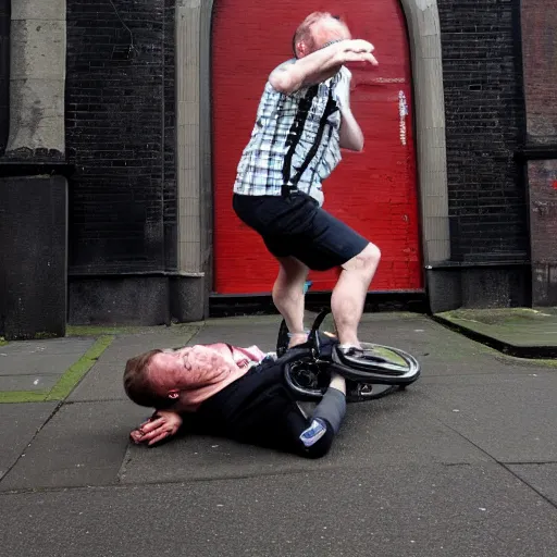 Image similar to Limmy in a bike crash falling of his bike, blood, Glasgow, photorealistic